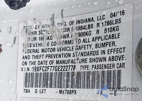 2016 Honda Civic Ex из США, поврежденный, VIN 19XFC2F77GE222778